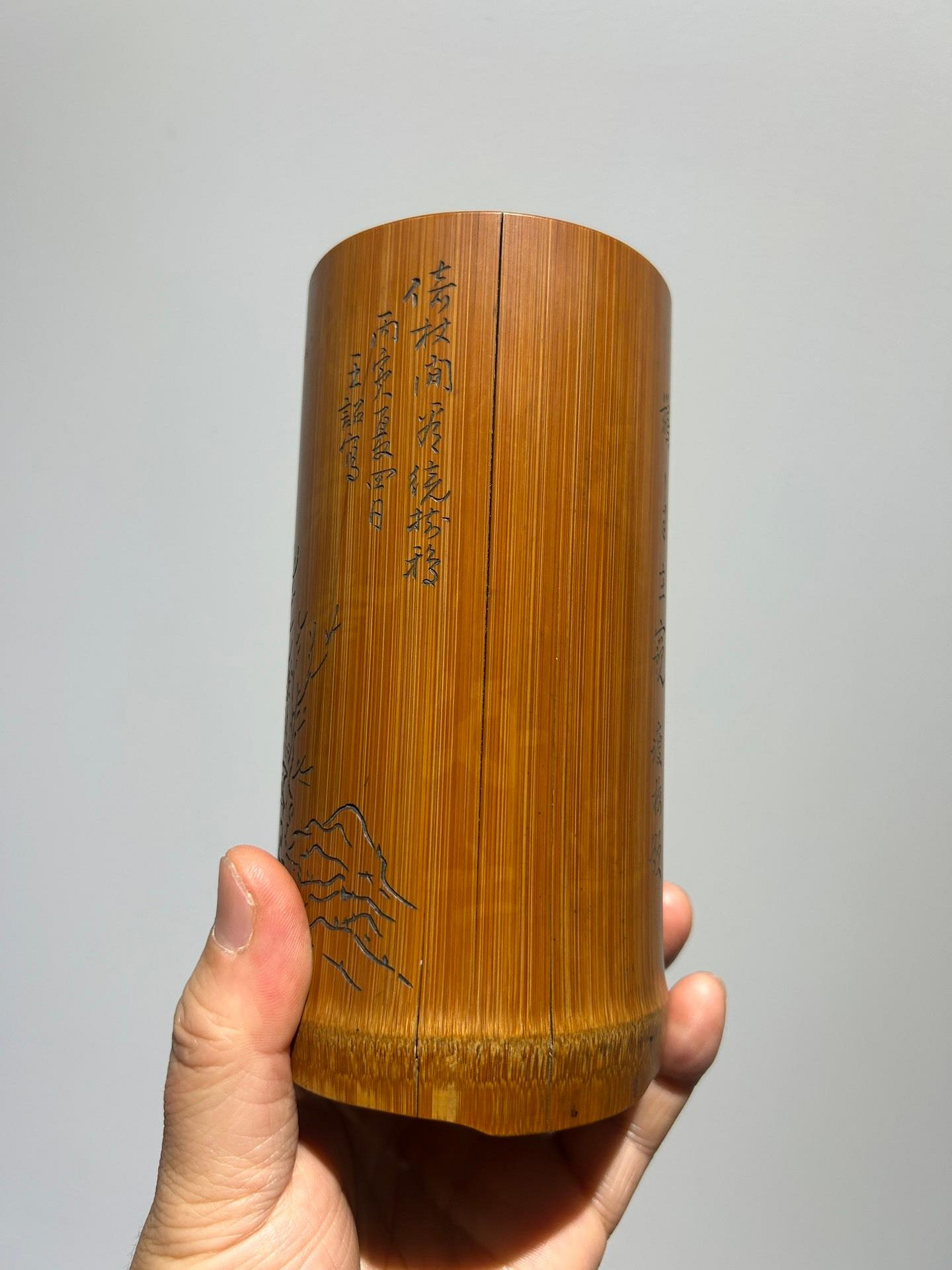 中国　乾隆御題　古竹彫刻　漢詩山水人物雕　筆筒　C　R7140E 中国 乾隆御題 古竹彫刻 漢詩山水人物雕 筆筒 C R7140E - メルカリ