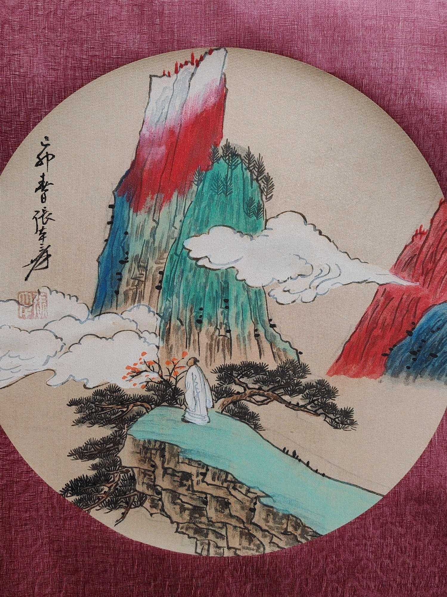 手描き 張大千 山水画 掛軸 四尺中堂 編號ZV26 純手繪四尺中堂張大千山水手繪作品一物一圖，實物拍攝材質
