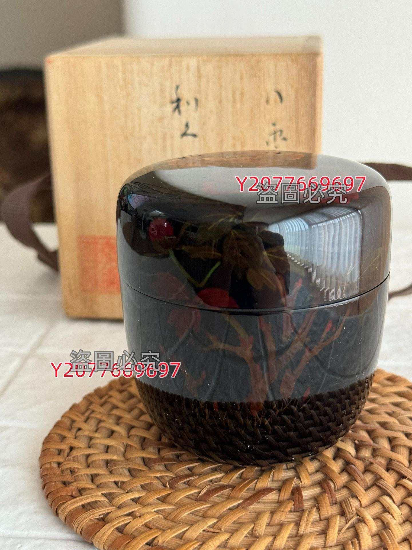 日本漆器百年涂漆行品牡丹精致八云涂老漆器茶棗茶入帶點螺鈿以及翻墻