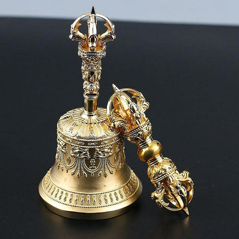 黃銅五股杵金剛鈴密宗法器黃銅金剛杵擺件復古降魔杵大號銅鈴把件~聚