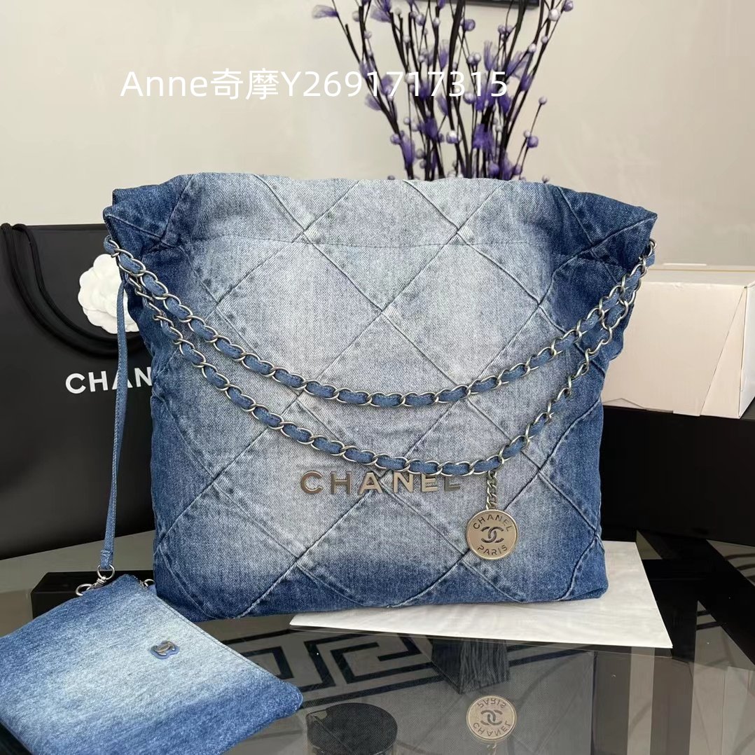 二手正品 CHANEL 香奈兒 22 拼接牛仔布 垃圾袋 銀色金屬 小號托特包 肩背包 購物袋 AS3260 現貨