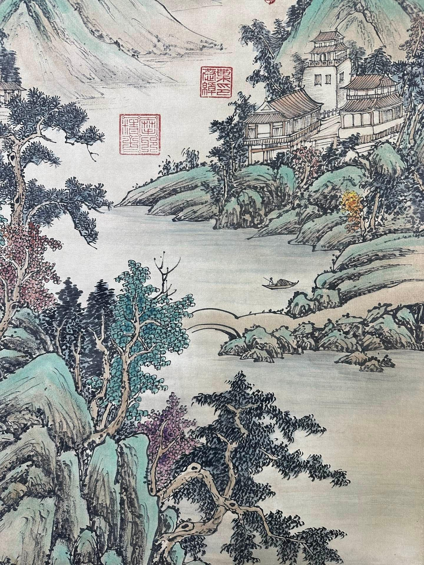 古畫 山水畫框 BH03【倪瓚】山水仿古三尺中堂畫純手繪作品裝裱尺寸:191*58cm左右畫芯