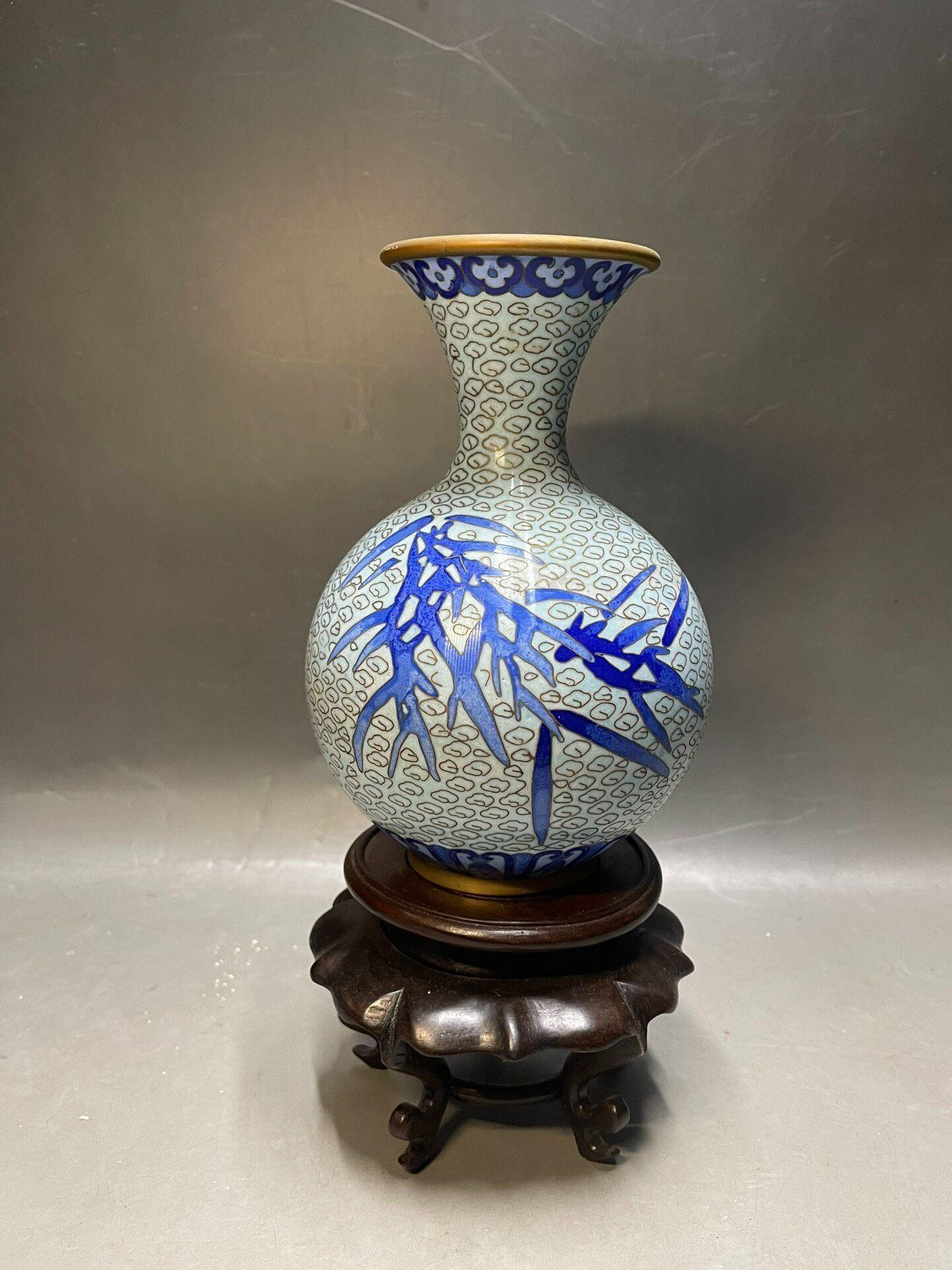 1571  景泰藍　花瓶2客　花台2客付き　骨董　時代物 景泰藍花瓶掐絲琺瑯創匯期白底竹葉紋銅胎| Yahoo拍賣