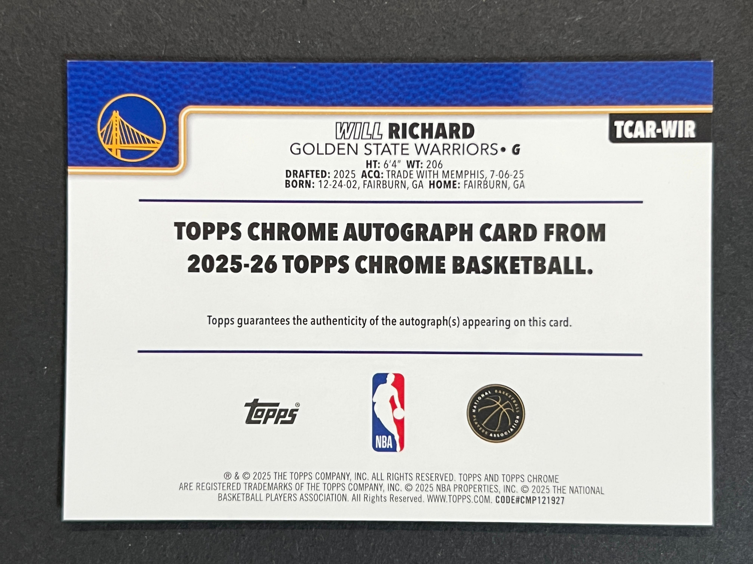 Will Richard 簽名AUTO TOPPS CHROME 2025-26 新人RC 230 | Yahoo拍賣
