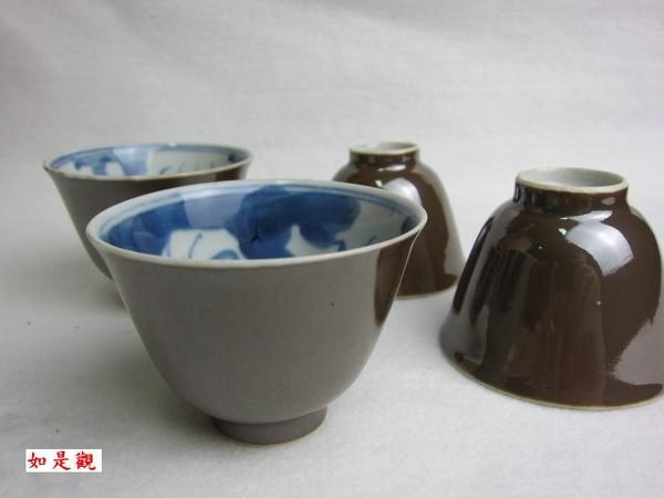如是觀---茶具專櫃} 清中期紫金醬釉杯內繪金魚青花于字底款茶席必備4只