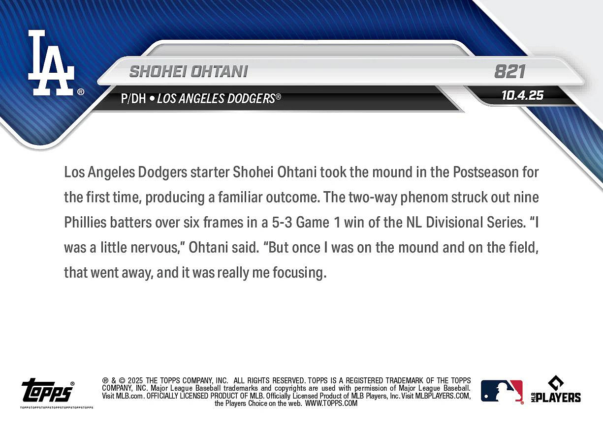 Shohei Ohtani - 2025 MLB Topps NOW Card 821 - 大谷翔平季後賽首先發 