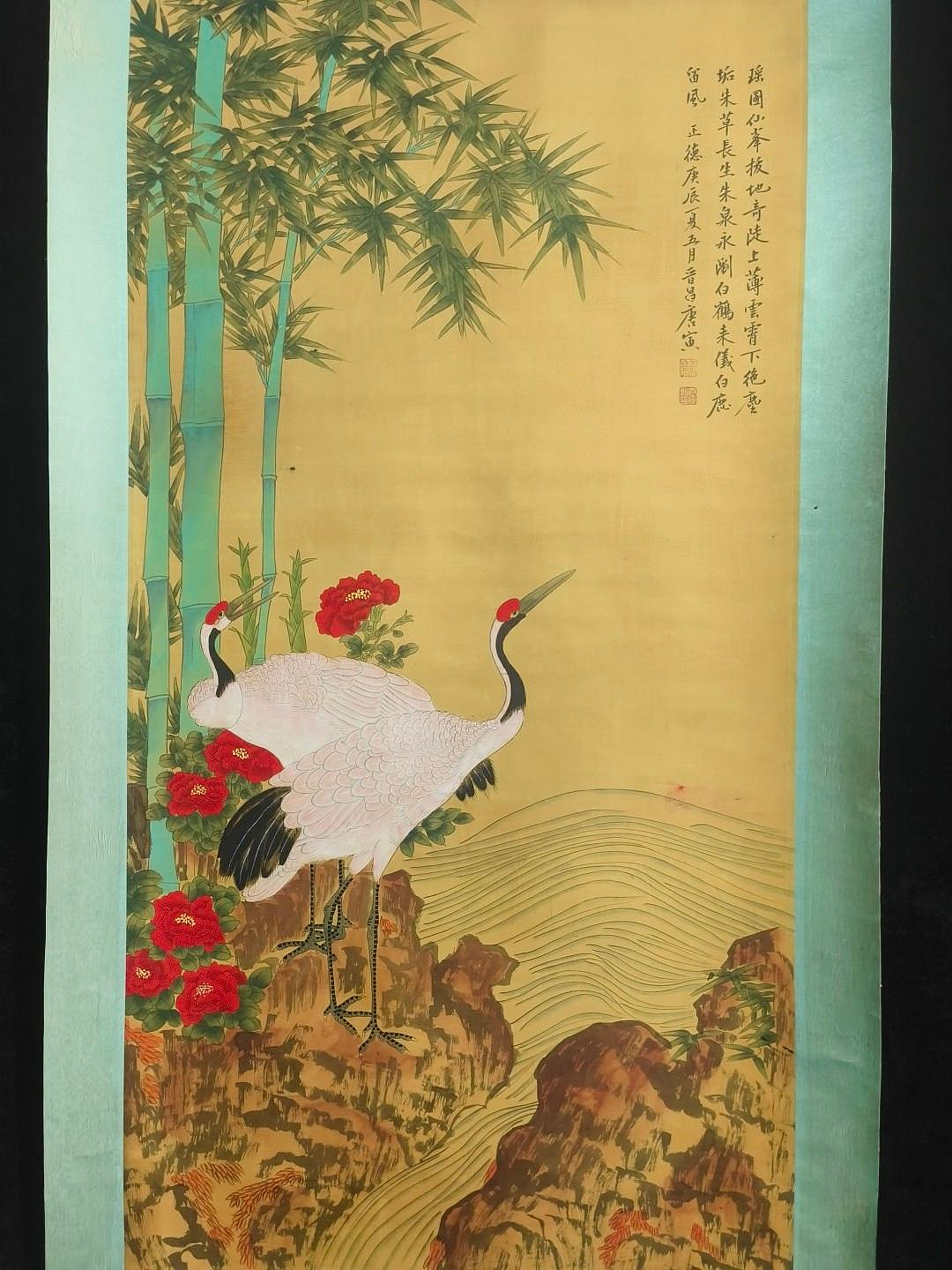 TX59《唐寅花鳥》絹本牙軸四尺手繪畫心材質：絹本裝裱尺寸：長214cm*寬