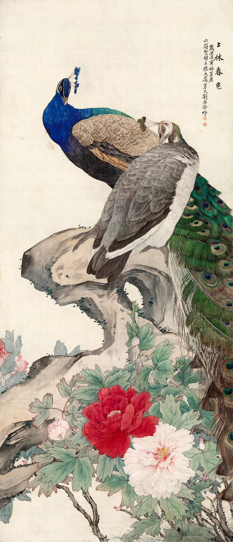 劉奎齢 花鳥画 掛け軸 中堂 孔雀図 中国画 表装済 サイズ：174×77cm 老松孔雀図 掛け軸｜伊藤若冲 花鳥画 – 寿鳳人形の東芸