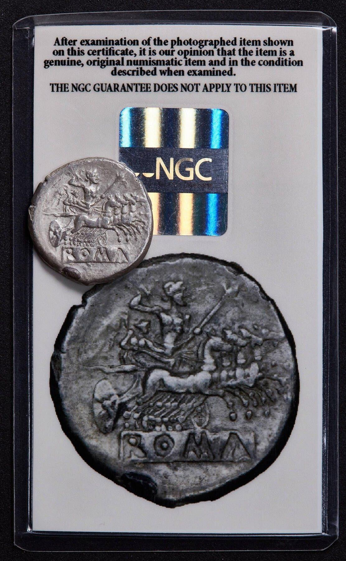 嚴選NGC 證級羅馬共和早期quadrigatus 銀幣，少見雙面神珍藏品種羅馬共和早期四馬戰車銀幣正面雅努斯兩面神錢幣學術認證