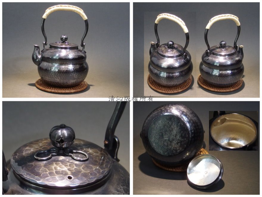 ☆清沁苑☆日本茶道具~秀峰堂瓢型銀瓶湯沸鎚起銅銀仕上燻銀~c923