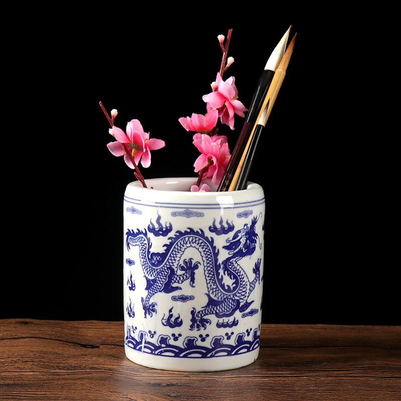 毛筆筒景德鎮青花瓷毛筆筒陶瓷筆桶可放毛筆圓珠筆鉛筆多功能筆桶【爆款