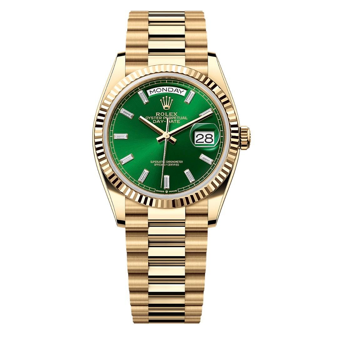 【玩錶交流】全新品 ROLEX 128238 Day-Date 36mm 黃K金 鑲鑽亮綠色面盤 2026/6月