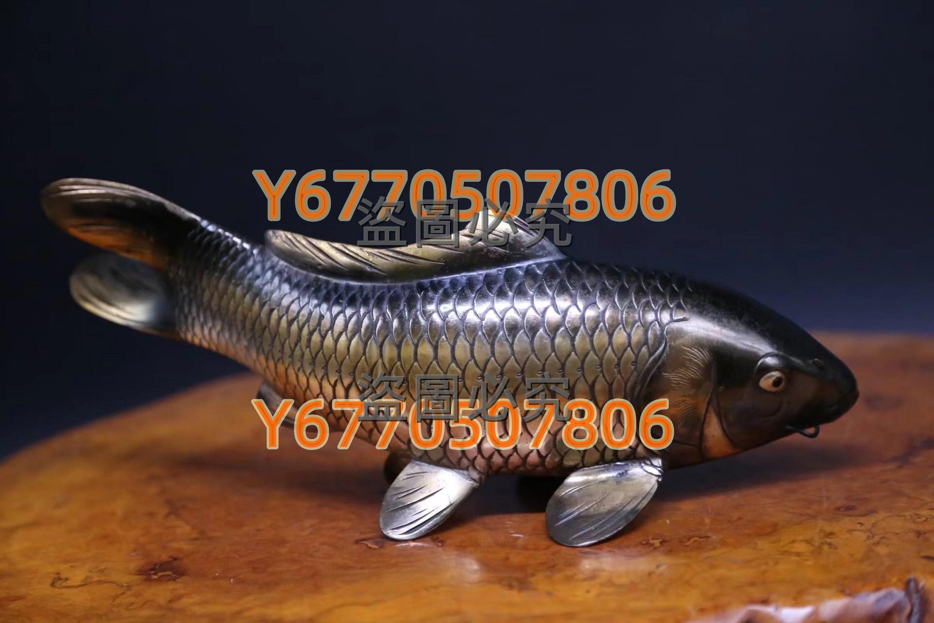 昭和時代金工師秀正作《鑄銅鍍銀雙鯉魚置物》 日本古美術作品日本古董