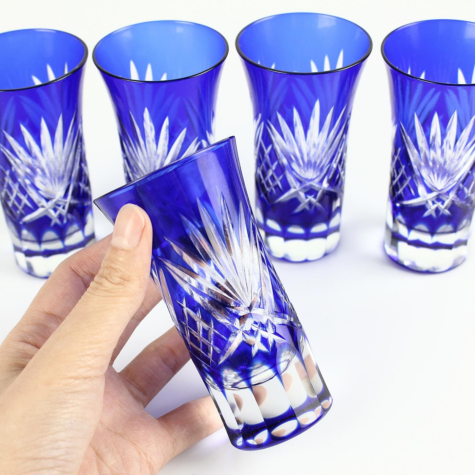 桑園の】日本玻璃工藝藍被切子經典水晶玻璃手工切花刀切涼酒杯玻璃杯5
