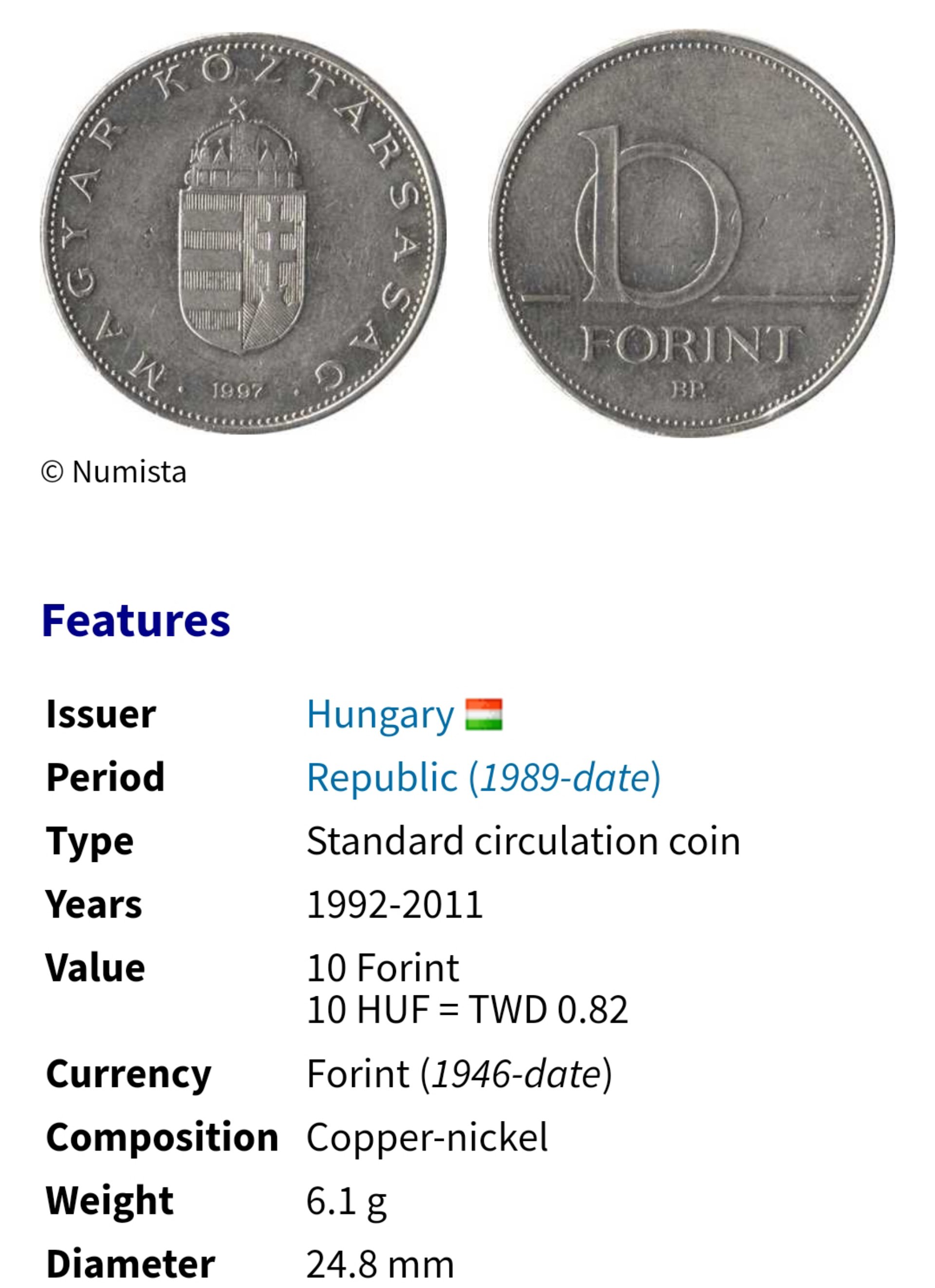 匈牙利1993年10 FORINT 鎳銅幣1594 | Yahoo拍賣