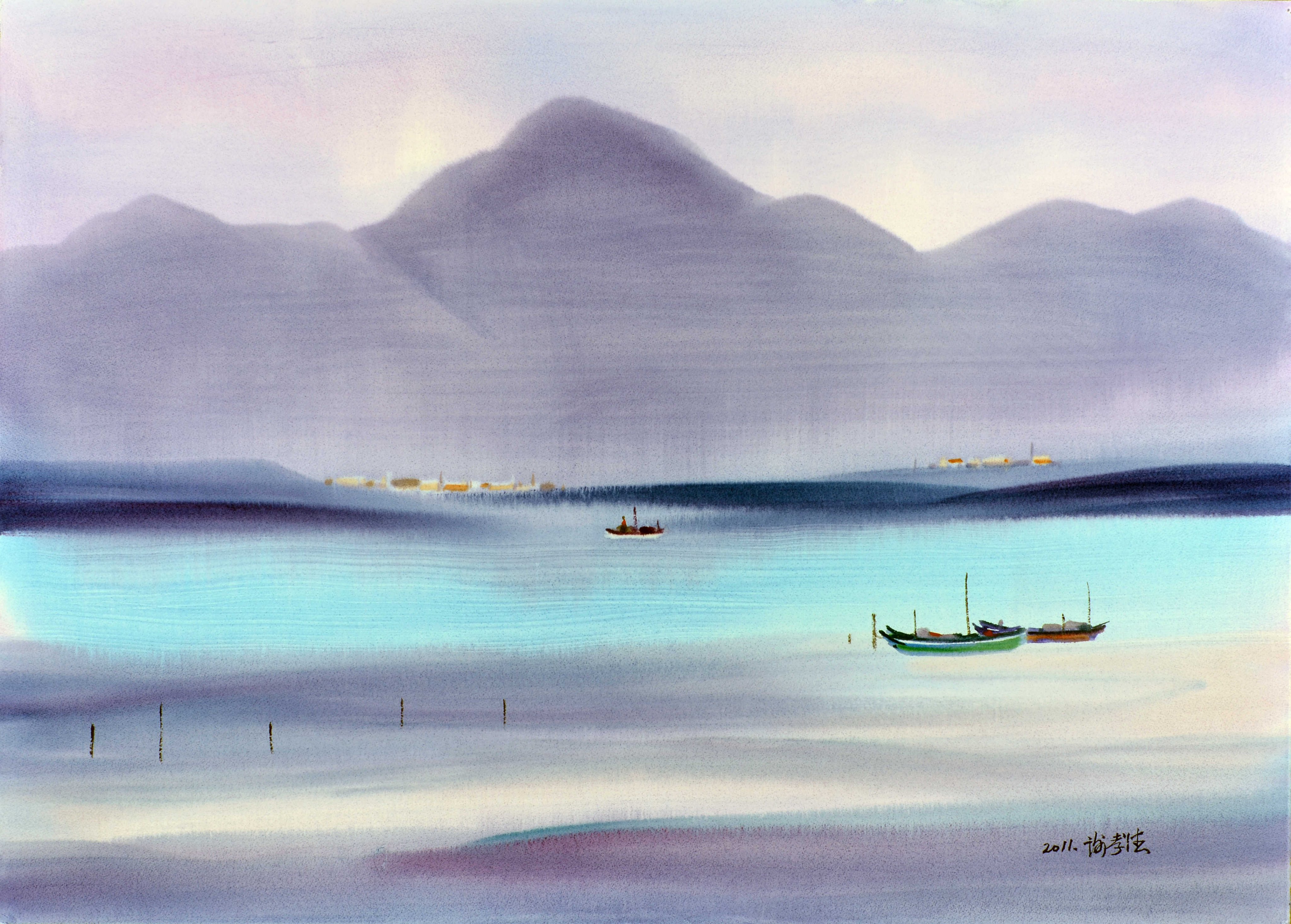 H139 謝孝德淡水渡船頭看觀音山2011 110X79cm 全開水彩(桃園、客家