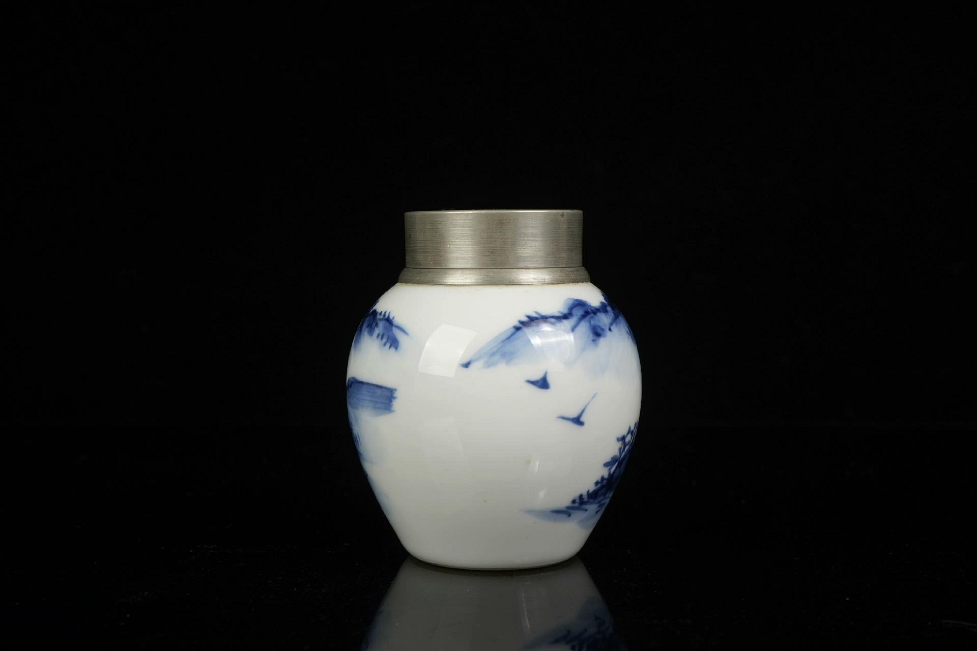 希少　美品　平安清課堂造　茶壺 錫 箱付　包布付　錫製　茶道具　茶器 清課堂平安七甫作染付錫口茶心壺在銘原箱日本名家手作茶具茶道美學8.2