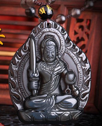 極上 高透明 水晶不動明王彫 486g 一点物 Disk水晶][雞生肖本命佛]頂級冰彩黑曜石-不動明王菩薩法相雕墜FQ-07