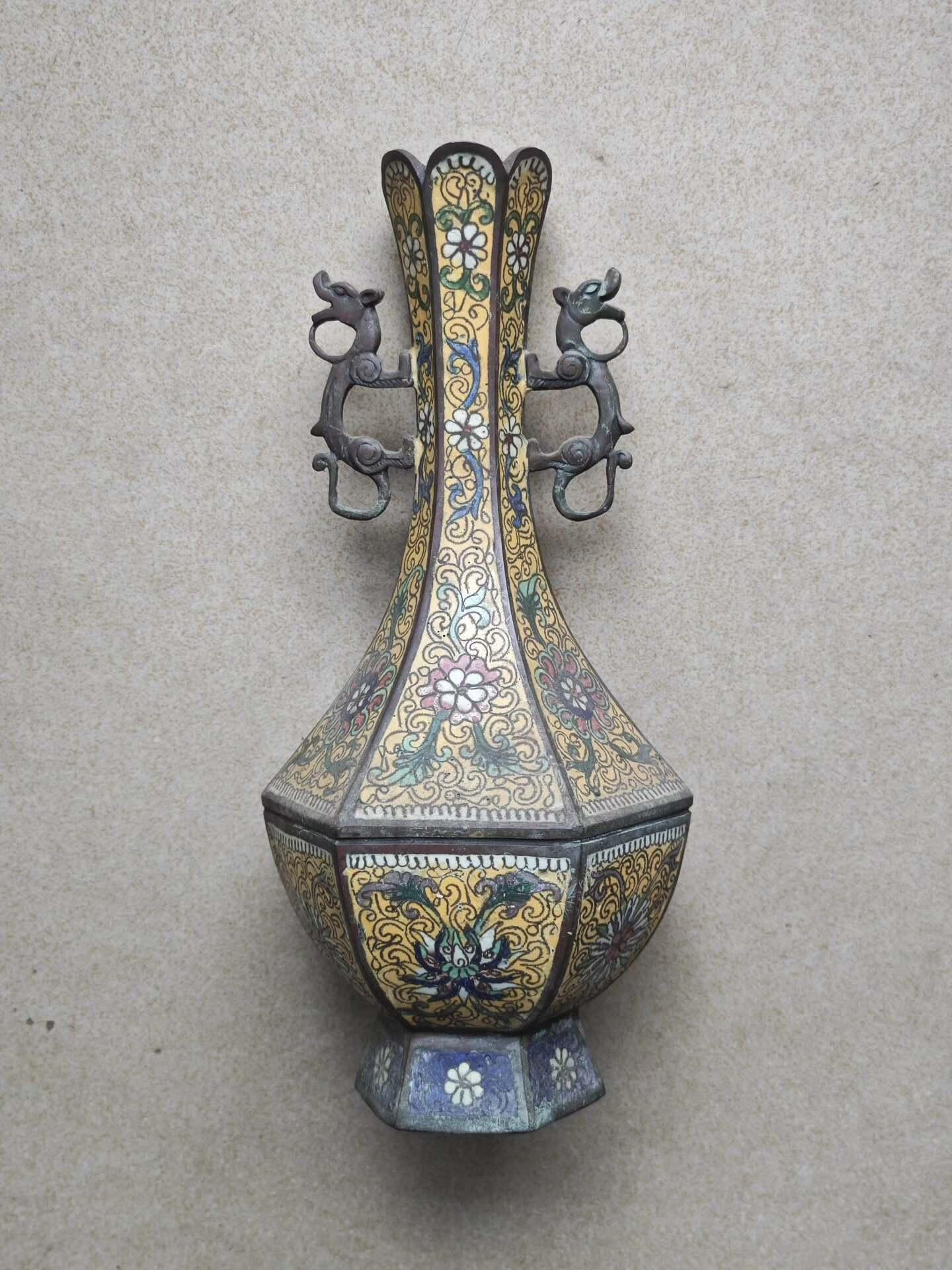 二手]景泰藍掐絲琺瑯花瓶擺掐絲琺瑯彩景泰藍雙螭龍耳花瓶，高34厘米中