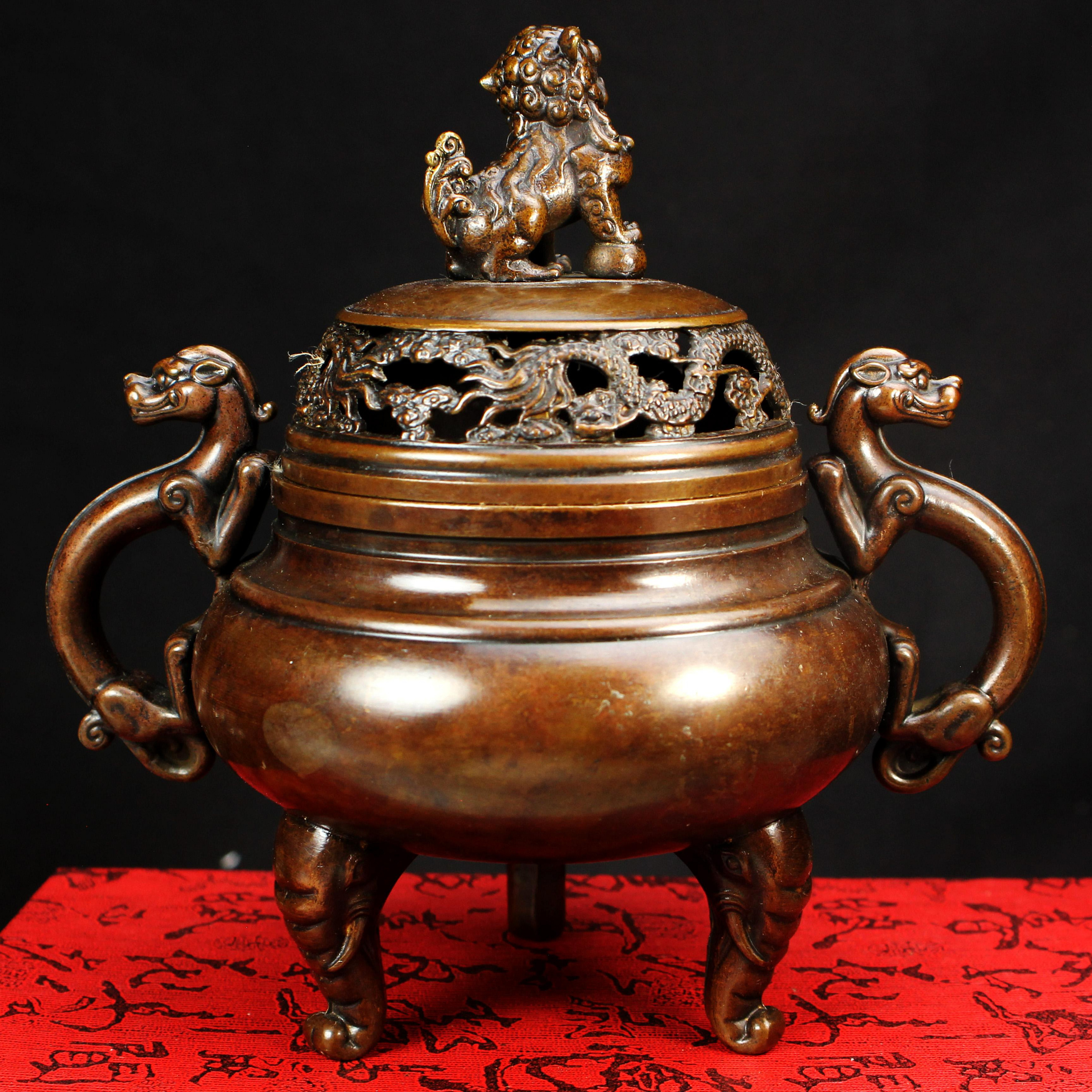 銅製 六角 象足 獅子蓋 香炉 未使用 共箱(LC790) 銅製 六角 象足 獅子蓋 香炉 未使用 共箱(LC790)（高岡銅器 香炉