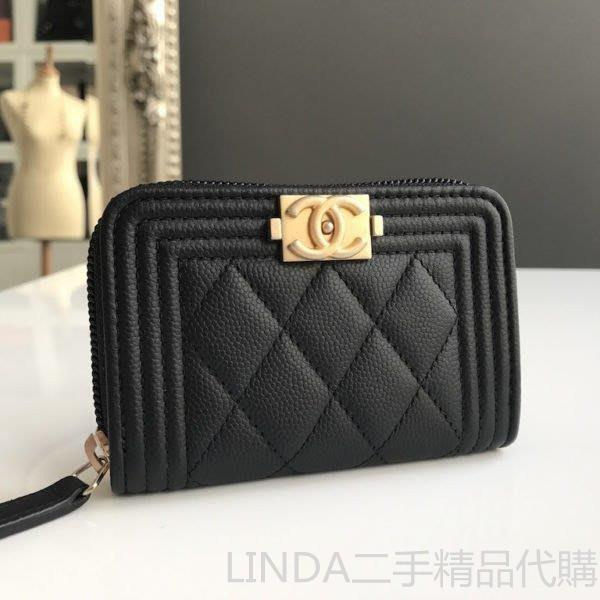 LINDA二手精品 CHANEL 香奈兒 A80602 BOY 黑色 荔枝皮 復古 金釦 拉鍊 零錢袋 信用卡 名片夾