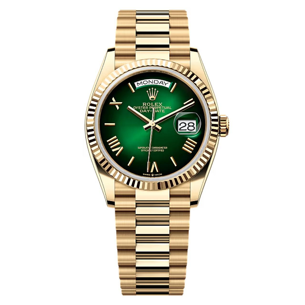 【玩錶交流】全新品 ROLEX 128238 Day-Date 36mm 黃K金 煙燻綠 漸變綠色羅馬字面盤 2026/8