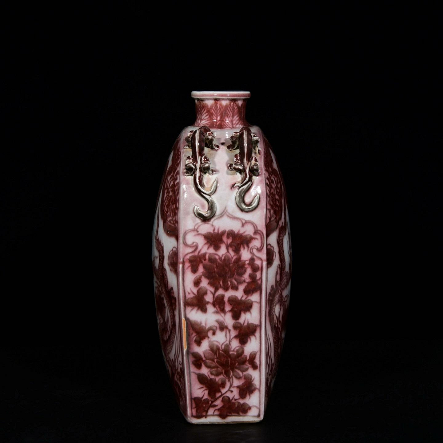 釉里紅龍紋四系扁瓶38/28 厘米瓷器老物件藝術文玩古董古玩收藏【二手