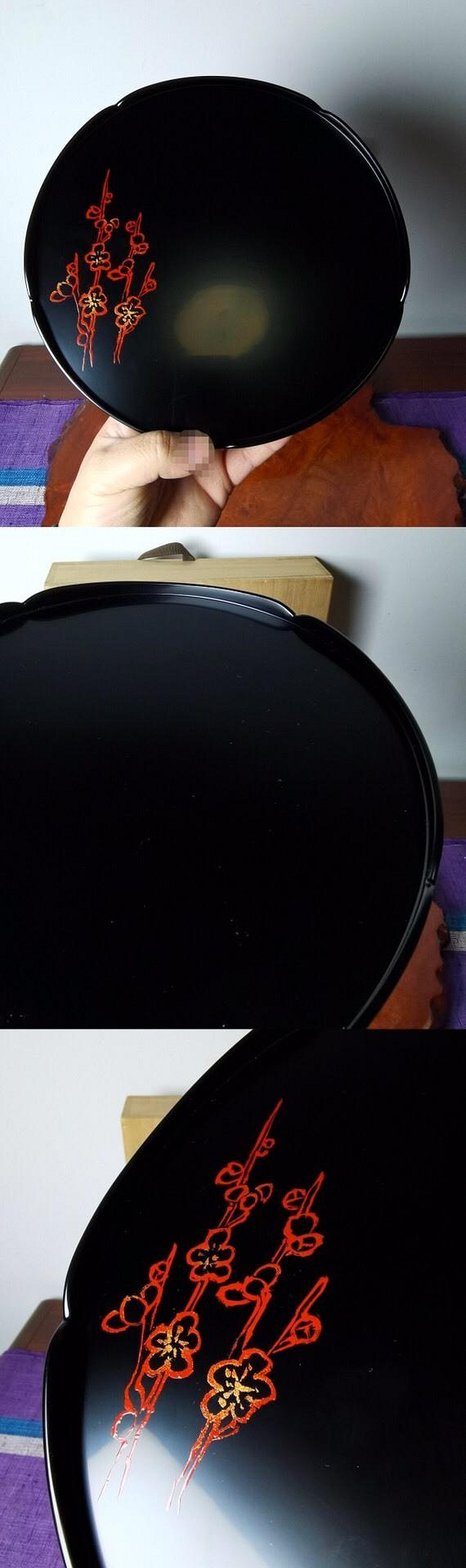 日本回流輪島塗尚古堂造天然木布著本堅地黒塗梅蒔絵花型八寸皿| 茶道具