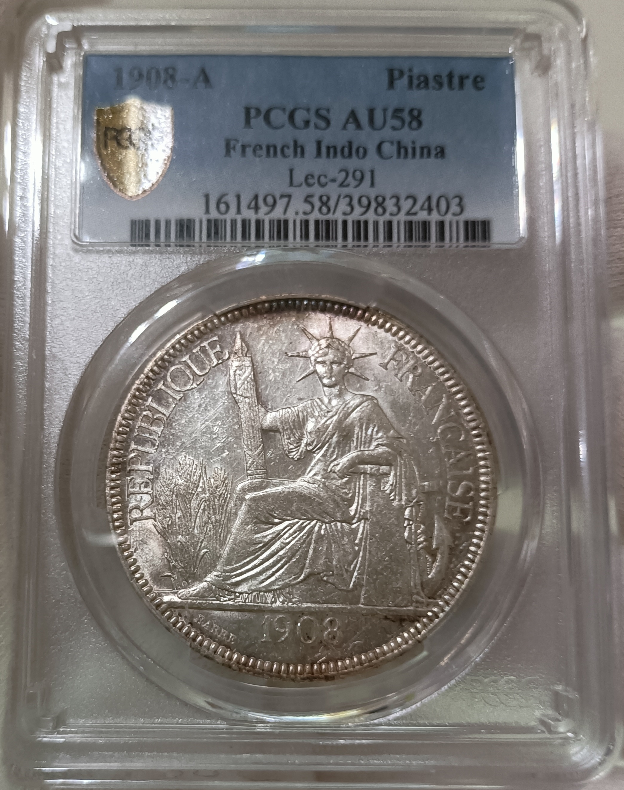 法屬印度支那貿易銀安南坐洋(1908-A) PCGS鑑定AU58 強轉光[認證編號