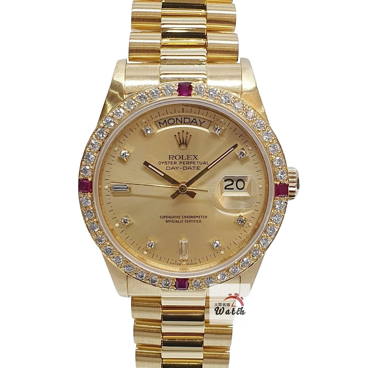 【大眾名錶】ROLEX 勞力士18038 Day-Date 18K金蠔式 紅蟳款 後加紅寶鑽圈 大眾名錶B1533