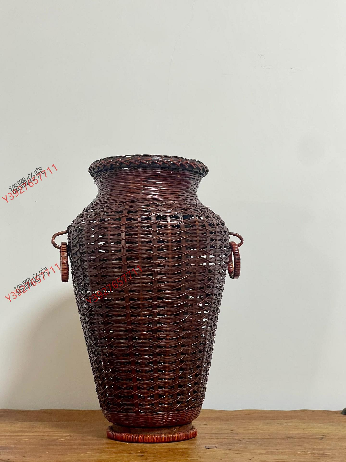 二手】日本中古老竹編花瓶花器，竹內膽，手工竹編雙耳花瓶擺尺寸高約