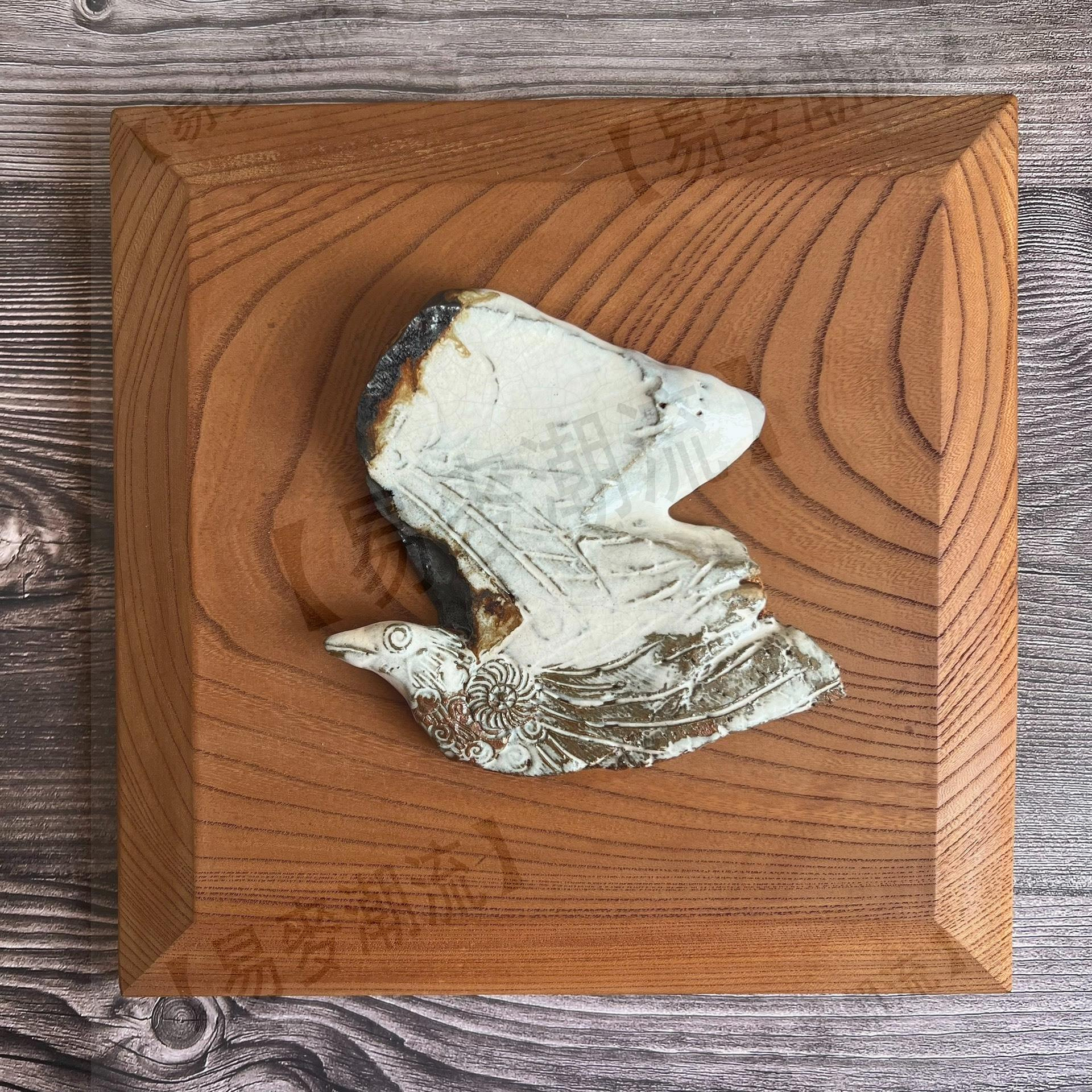 中古回流萩燒已故巨匠陶花窯陶房主永地博正手作鳥陶板畫裝飾畫孤品，帶