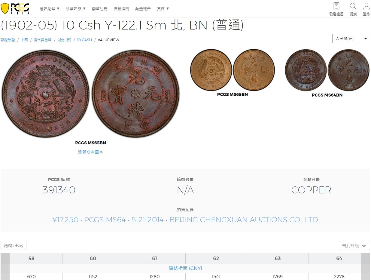 A　中国 湖北省 10 Cash コイン (1902-05) PCGS認証 評級幣1902-05年湖北省造光緒元寶當十銅幣鑑定幣華夏評級MS62BN
