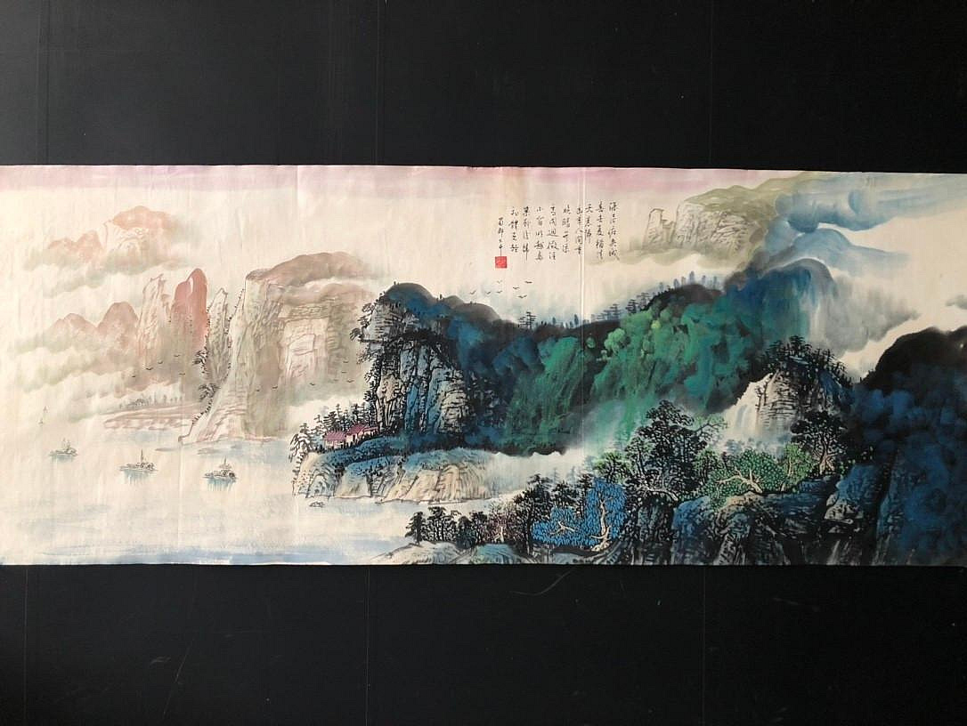 Z129【張大千】潑墨山水，六尺橫幅純手繪作品尺寸約178x70cm左右未裝裱