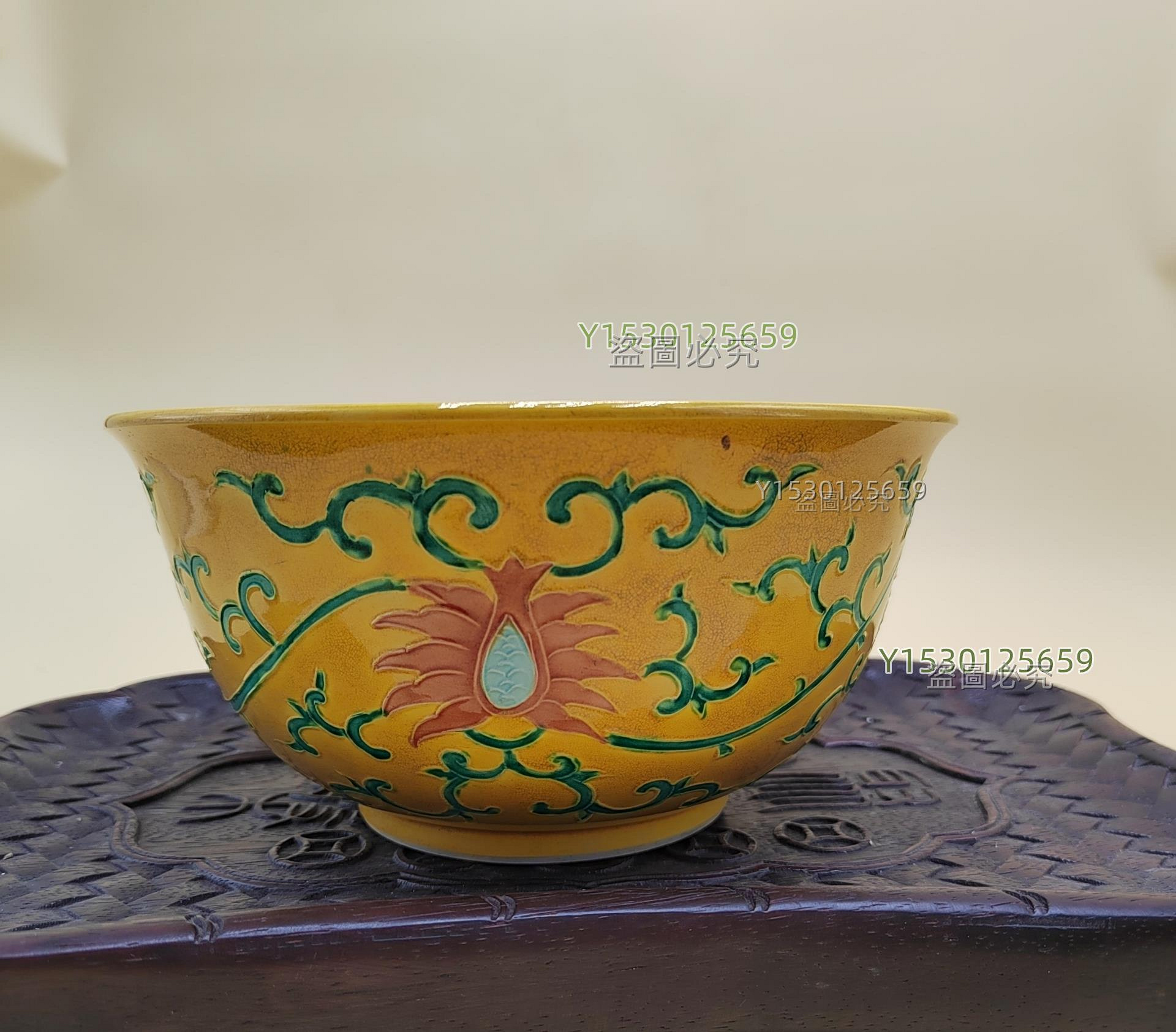 日本帶回黃交趾京燒清水燒名家平安洸春黃交趾大碗大果子缽茶碗，釉面和