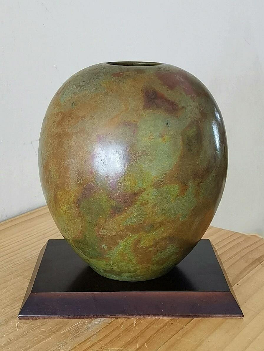 嚴選日本高崗鑄銅花瓶長谷川雅山創作雙手精工細節考究口徑4.8公分寬16