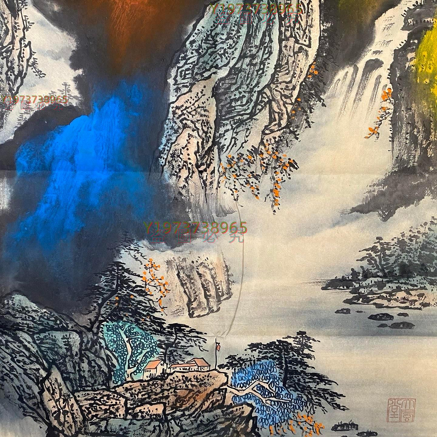FD-04【張大千】雲峰樹色，一物一圖，純手繪三尺畫芯帶證書帶信封