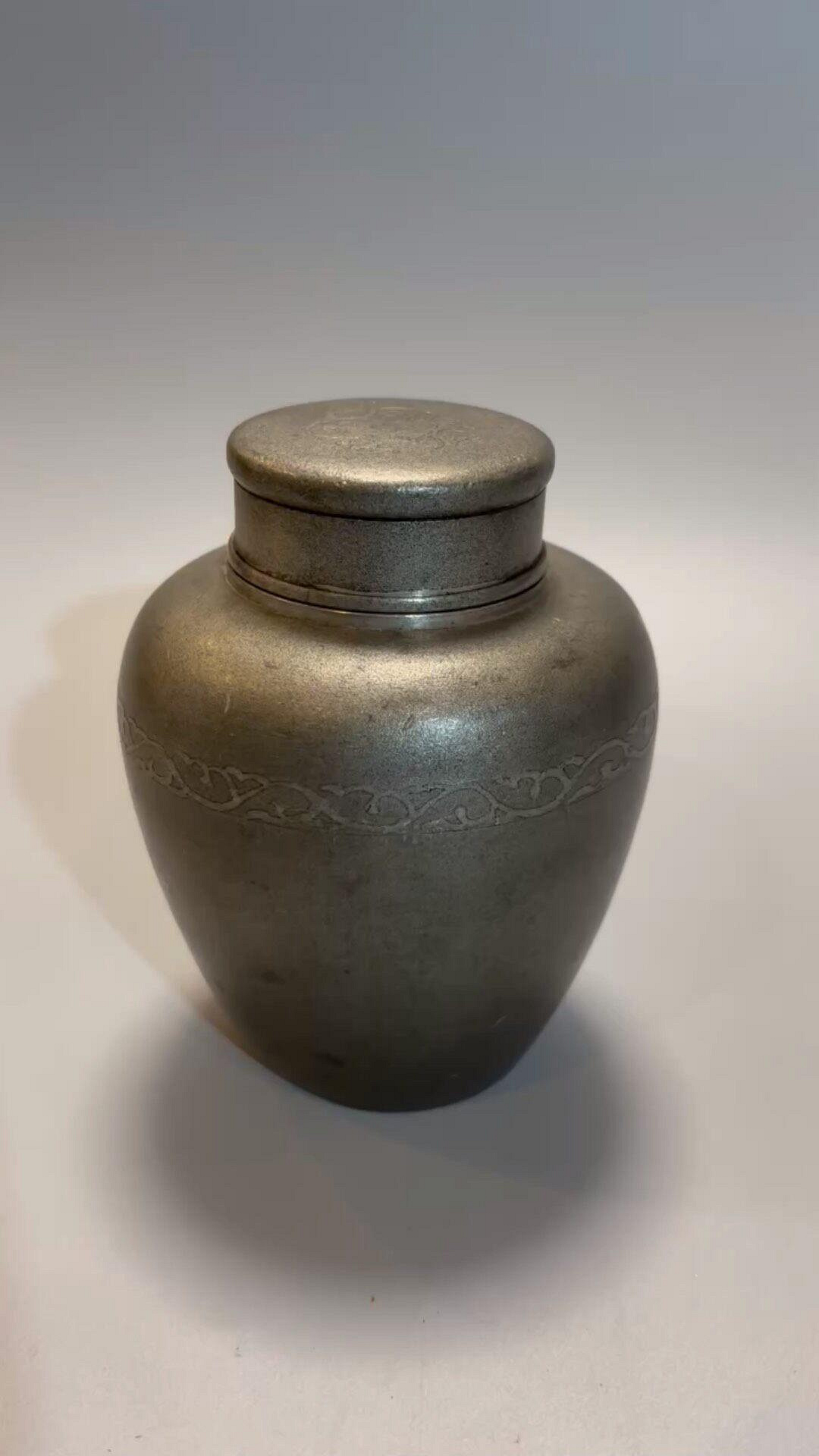 BK401 茶葉罐 蔵六居造 錫刻人物詩文図巨大茶心壺 茶筒 茶入 茶壷