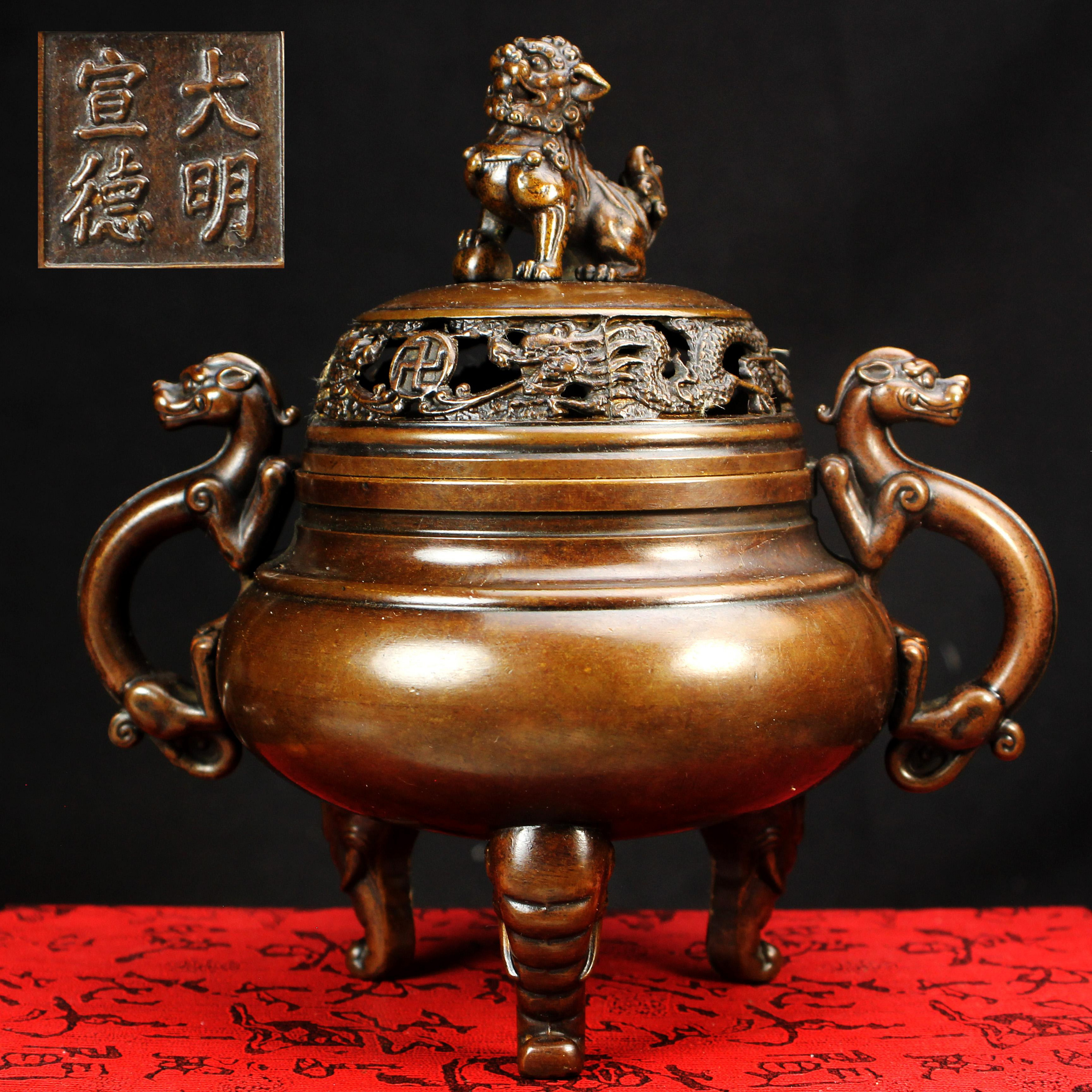 銅製 六角 象足 獅子蓋 香炉 未使用 共箱(LC790) 桑園の】大型鑄銅香爐螭龍耳象足獅子摘薰香爐古典完美品底款