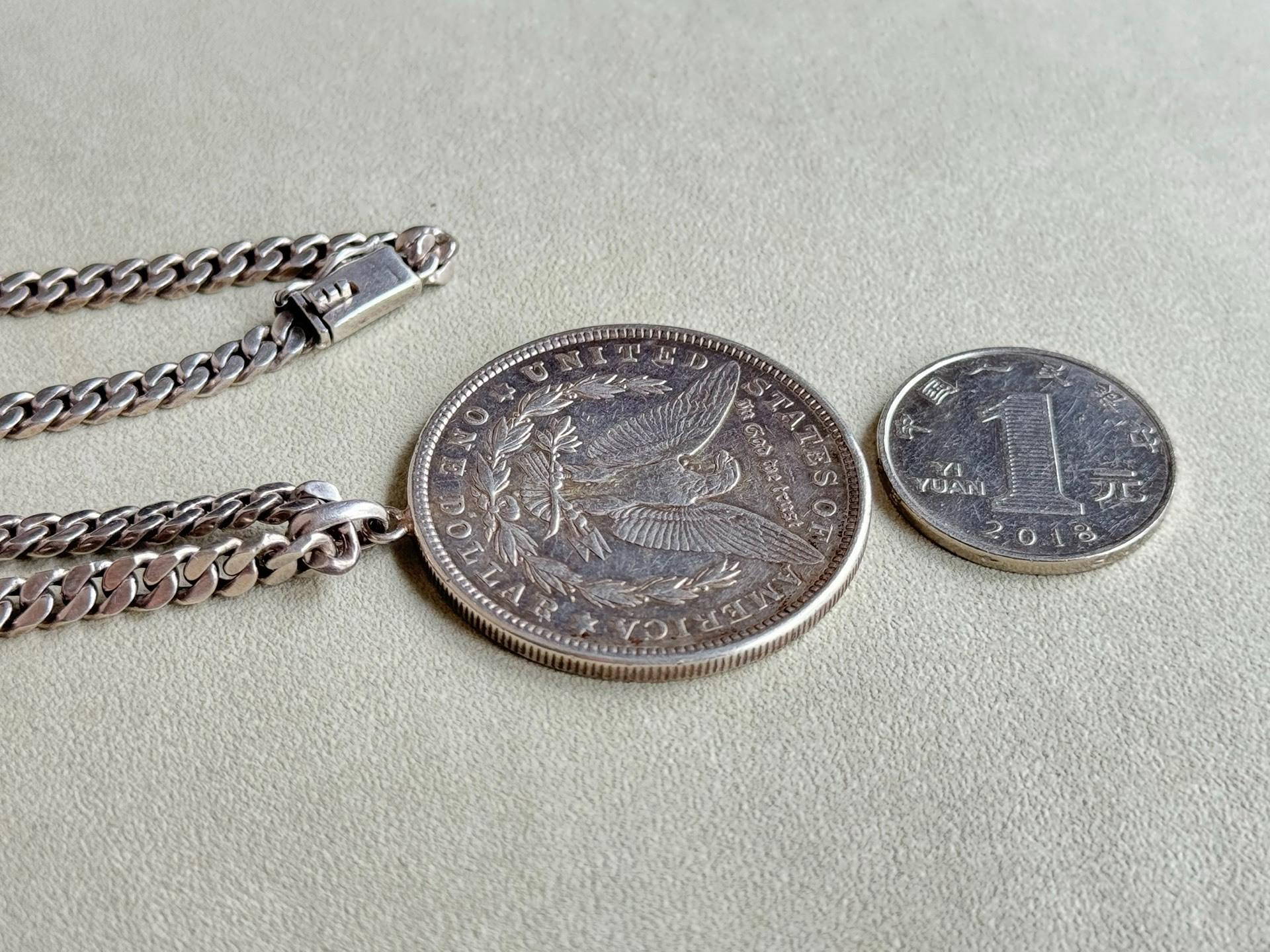 美國1921年摩根銀幣手工喜平鏈頭等純銀項鏈吊墜老六切面直徑3.8cm鏈寬