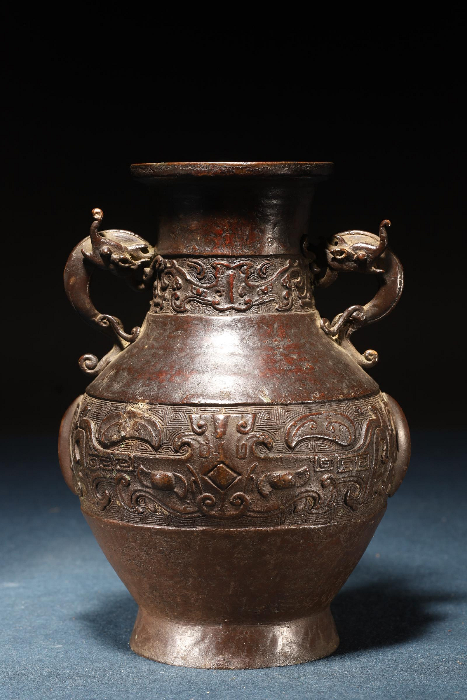 Y中古銅製花瓶 龍 飾り壺 青銅 耳付き 兼春作 双耳 古