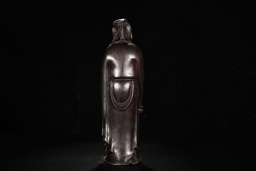 清紫檀木錯銀絲人物造像【規格】高37.8cm 寬10cm 重1650克【詳述