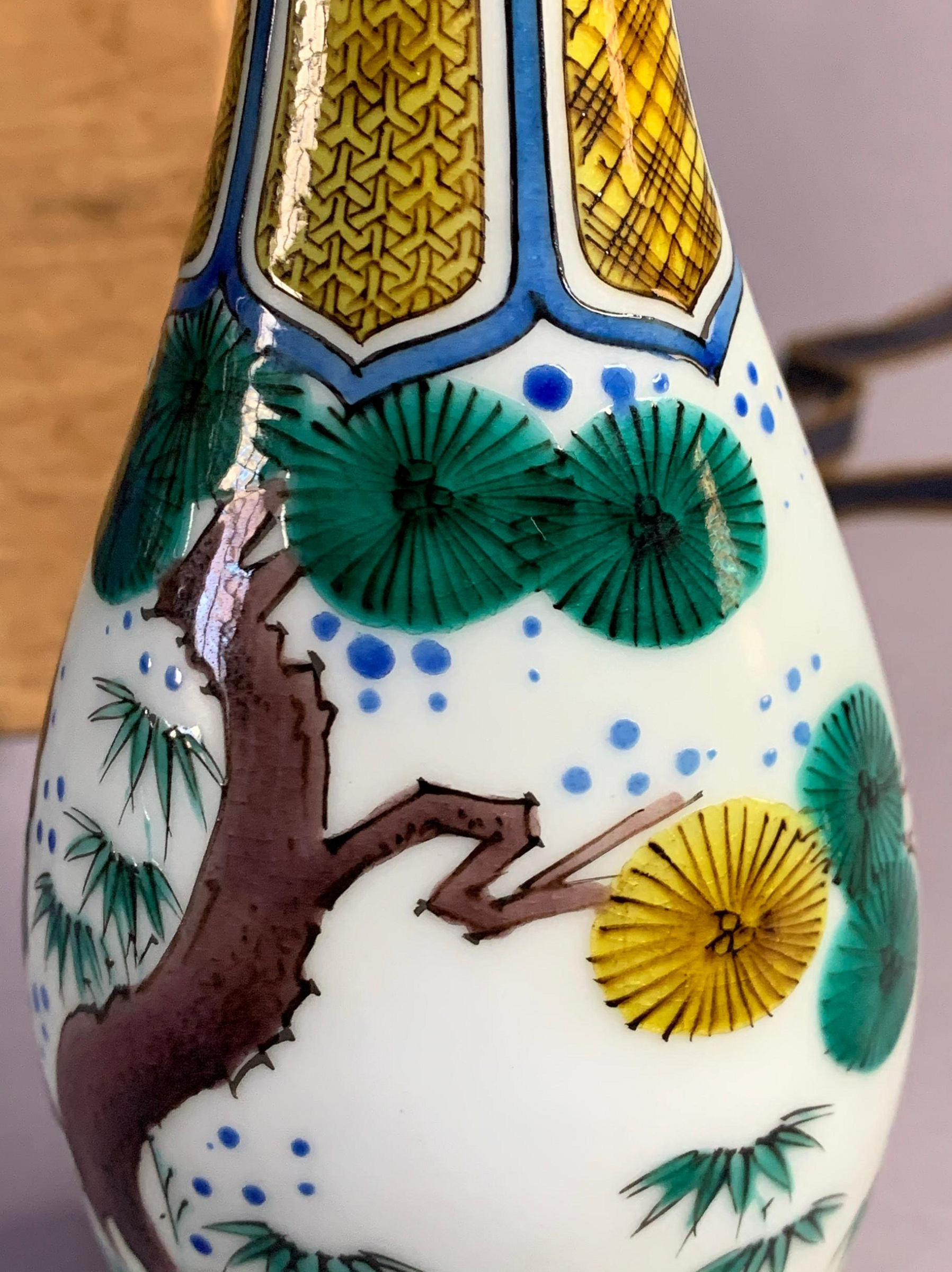 九谷焼　松本佐吉作　色絵松竹梅文　花瓶　共箱　Z　8576 日本瓷器正品九谷燒松本佐吉作手繪松下壽老人圖德利花瓶花器| Yahoo拍賣