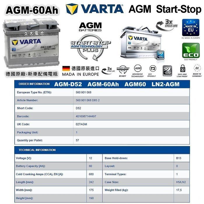 ✚久大電池❚ 德國VARTA A8 D52 AGM 60AH LN2 H5 汽車電瓶怠速熄火