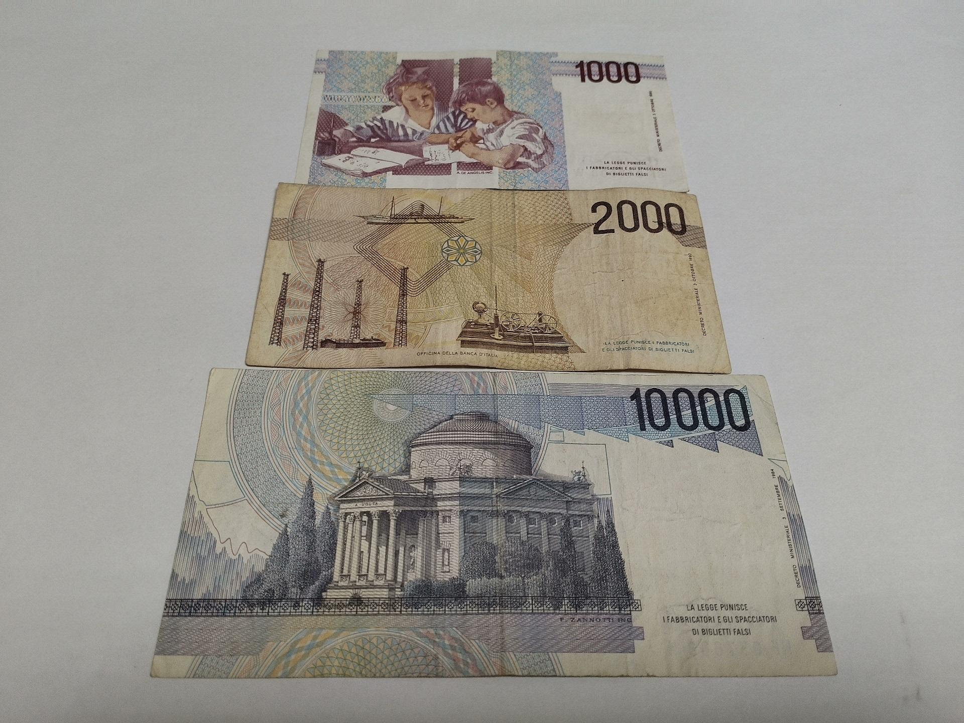 意大利里拉紙幣三張，品相如圖，1000里拉、2000里拉、10000里拉各一張。紙質老舊自評級幣評級鈔收藏品【大收藏家】5374 | Yahoo拍賣