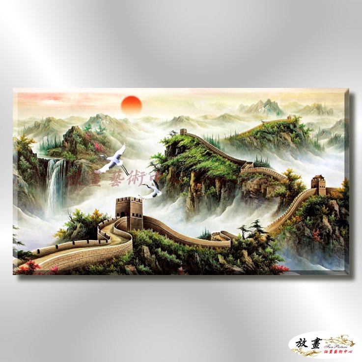 放畫藝術】萬里長城GW28 純手繪油畫橫幅褐綠中性色系背靠山風水招財