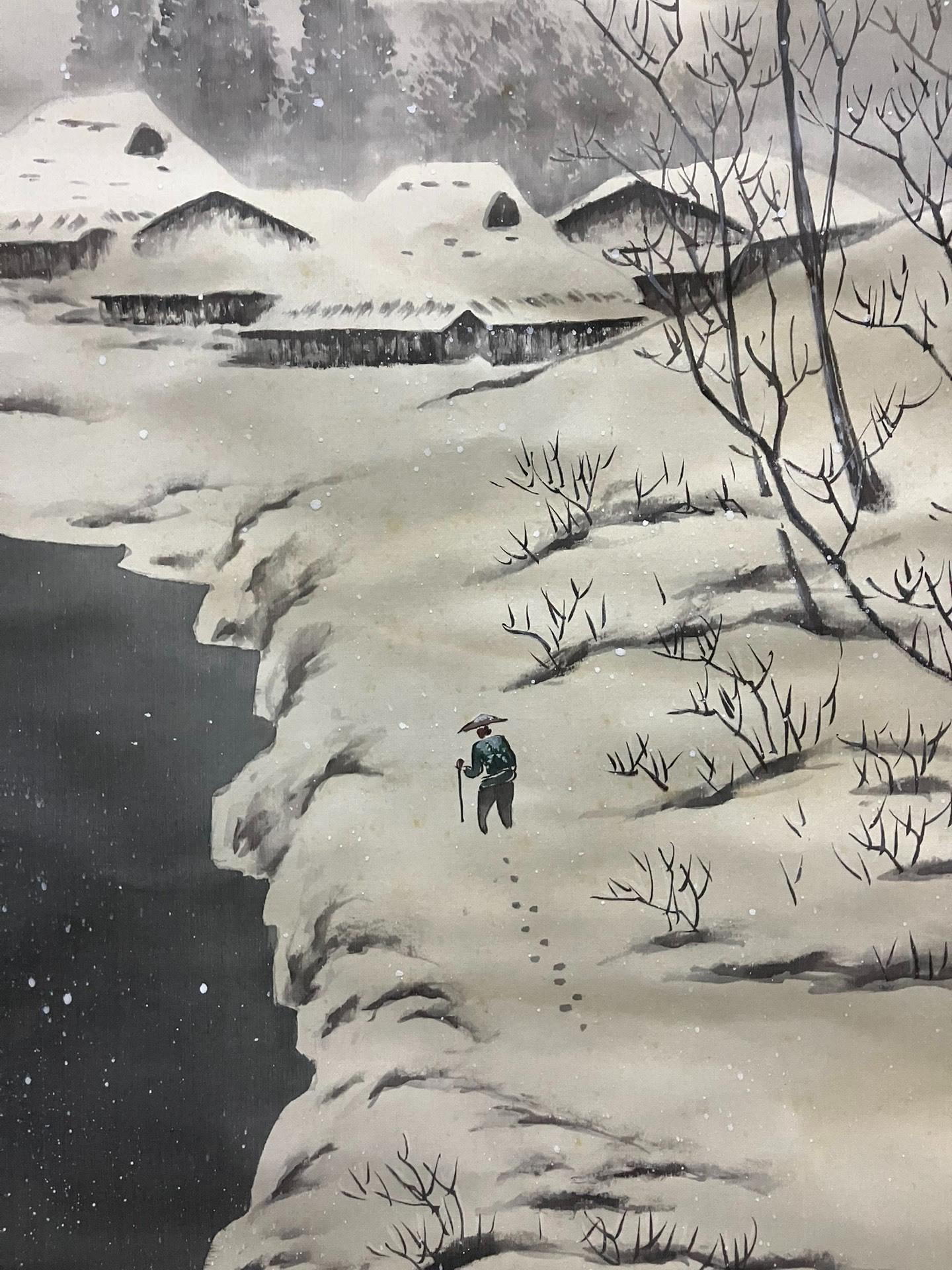 春帆日式山水畫中堂《雪景圖》國畫書法古玩字畫絹本綾裱畫心尺寸