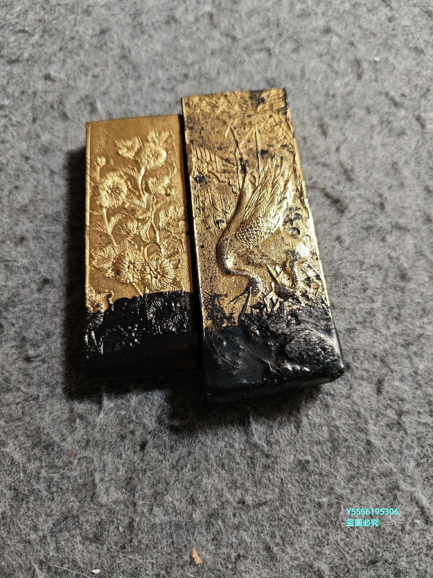 金有虎　古梅園　古墨　墨 古墨 天金官双鳳 1.5丁型 古梅園 - 書道用品、墨、墨液、紙、筆