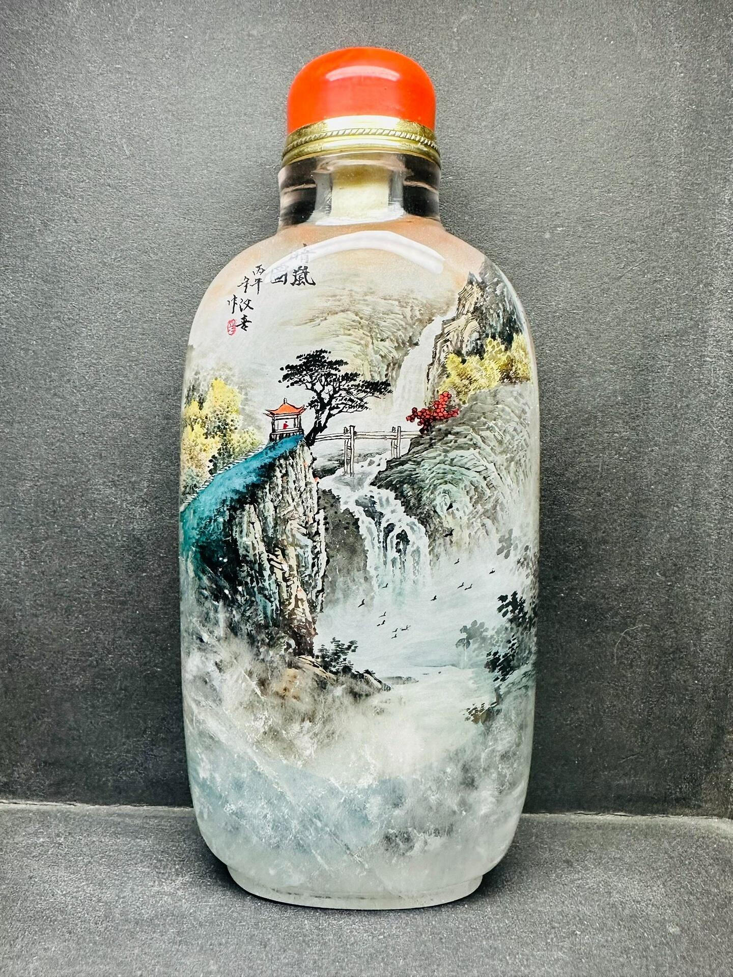 天然水晶內畫鼻煙壺名家山水手繪作品用色漂亮山水意境結合水晶創作尺寸