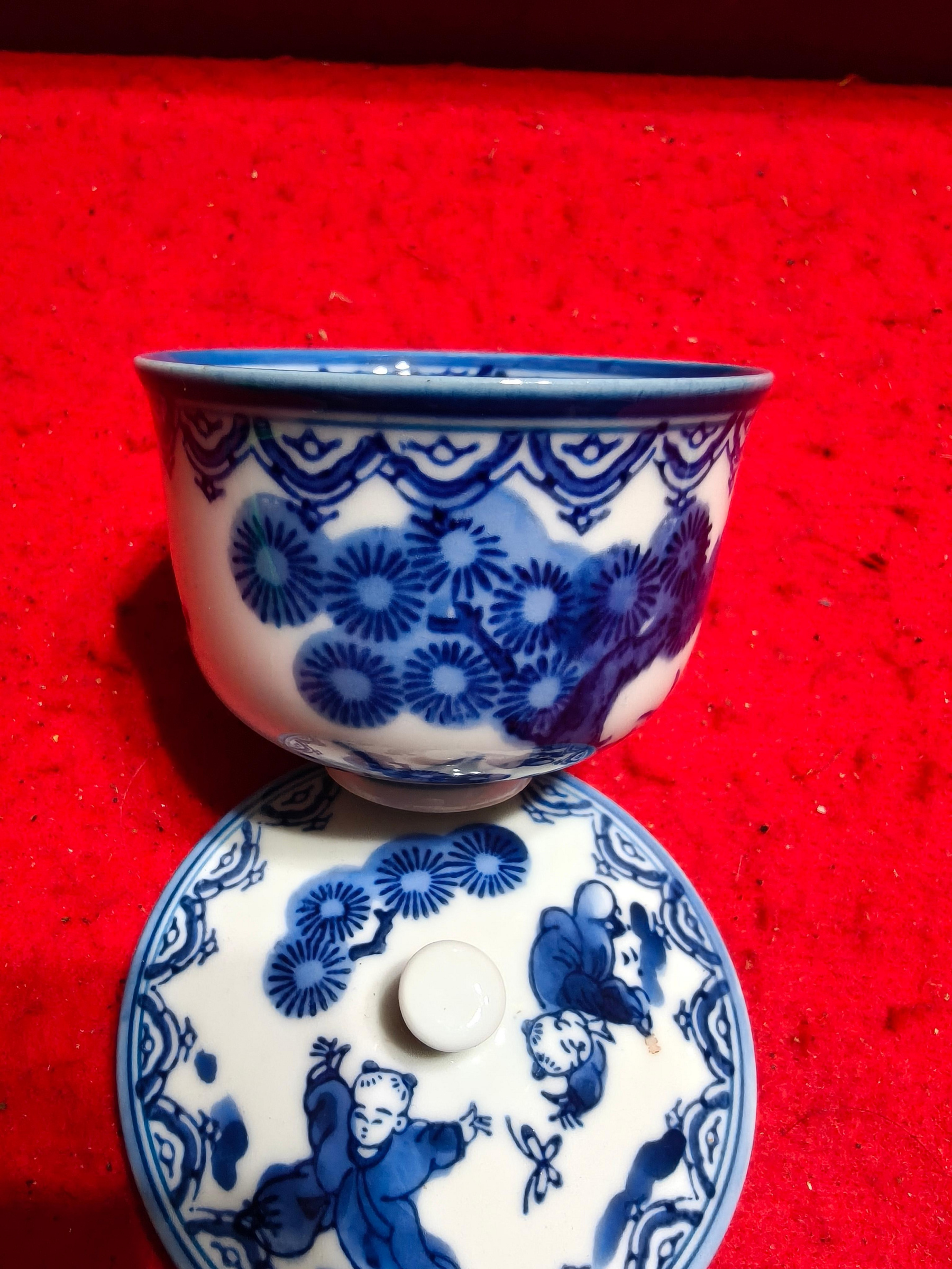 ♦骨董♦瓔珞♦蓋茶碗♦2客♦多分明治時代♦ 北溟居古美術】日本茶道具伊萬里燒青花茶蓋碗十客(特別推薦,附原裝木盒